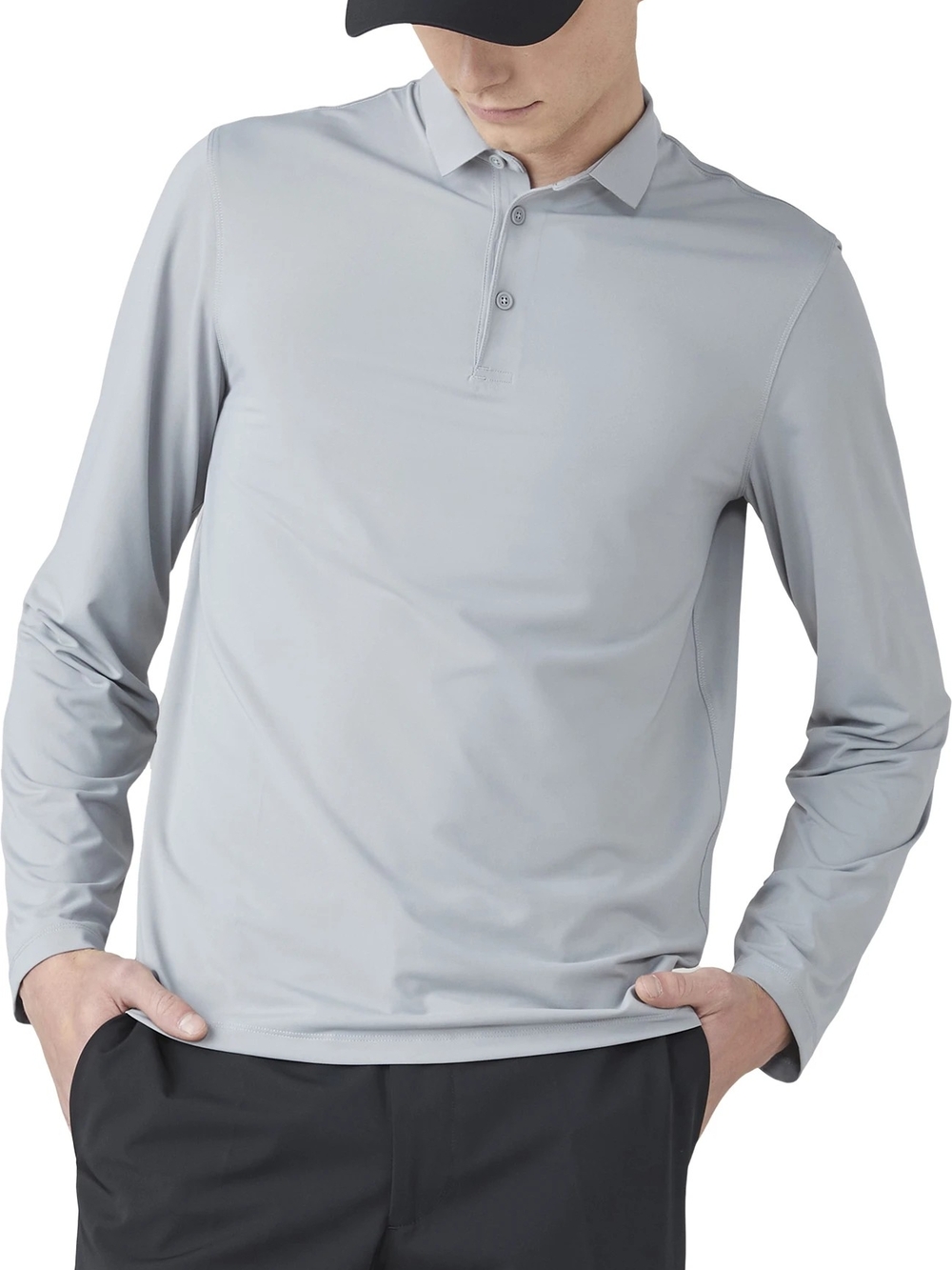 Men's Long-Sleeve Polo Shirt in Light Gray - Performance Stretch